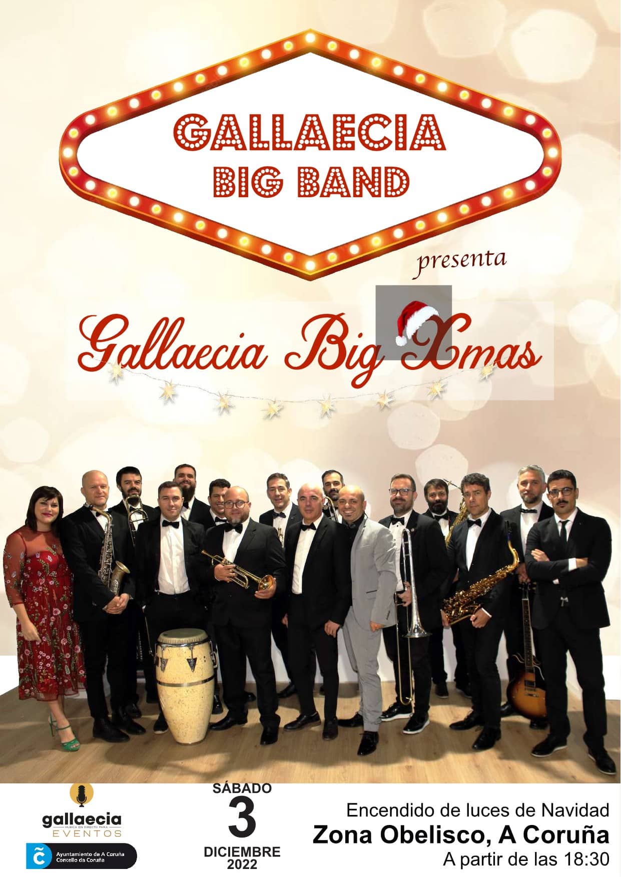 Cartel Gallaecia Big Band encendido luces en Coruña